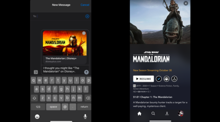 Disney+允许用户在社交媒体和通讯应用上分享内容