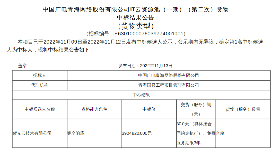 中国广电青海公司it云资源池项目招标结果公示紫光云中标